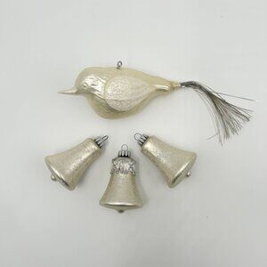 Vintage Handblown Glass Bird & Bell Christmas Ornaments Made in Germany White Iv